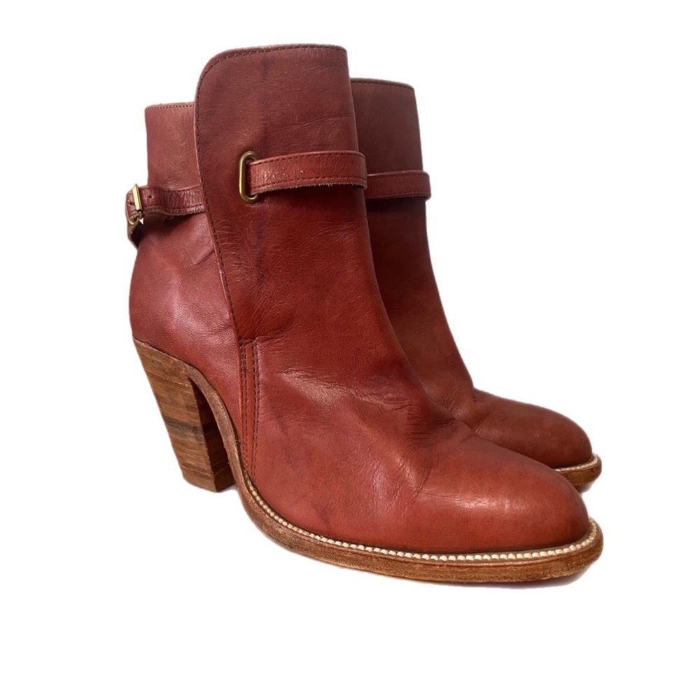 Vintage Frye Mahogany Stacked Heel Ankle Boots with Buckle Detailing
